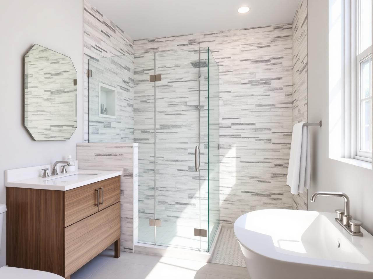Renovated bathroom with tiled walk-in glass shower and new vanity