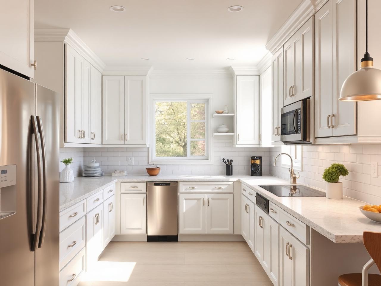 Remodeled kitchen with white shaker cabinets and quartz countertops