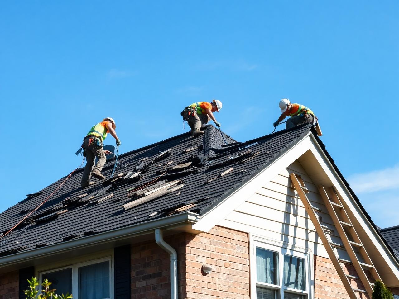 Roofers repairing storm-damaged shingles on a house roof